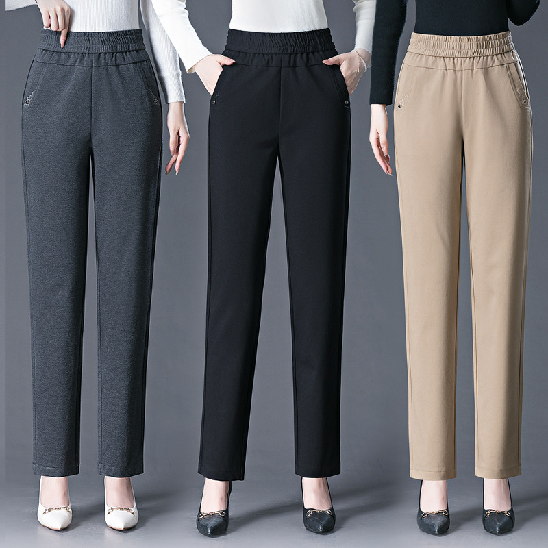 2024 Spring and Autumn New High waist casual black straight pants middle-aged and elderly mothers slimming temperament elastic waist trousers