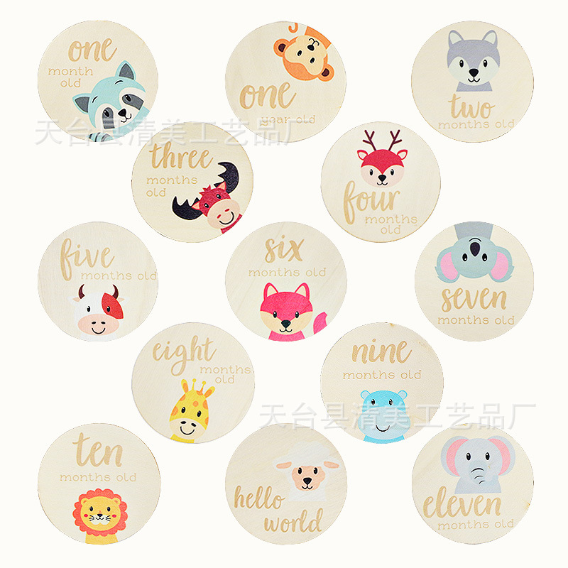 Milestone de crecimiento de bebé de madera accesorios de fotografía de bebé patrón de animal tarjeta de mes