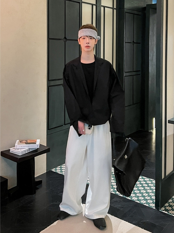 老钱风假两件衬衫男款夏轻薄设计感v领长袖t恤高级感痞帅立领外套|undefined