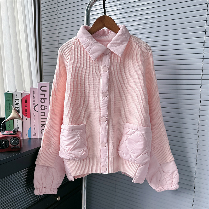 クロスボーダーヨーロッパ綿服スプライシングデザインセーターレディースコート秋冬新作レイジースタイルラペルニットカーディガン|undefined