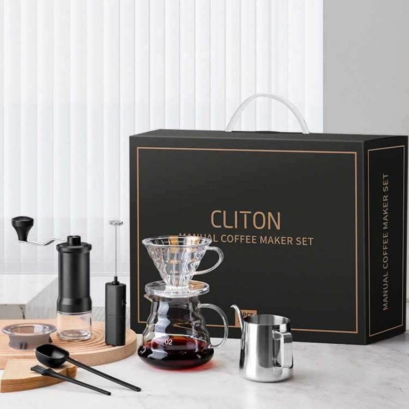 Kit de cafetera de lavado de mano molino de mano máquina de café instrumento de molienda manual entrada portátil combinación al aire libre conjunto completo de caja de regalo