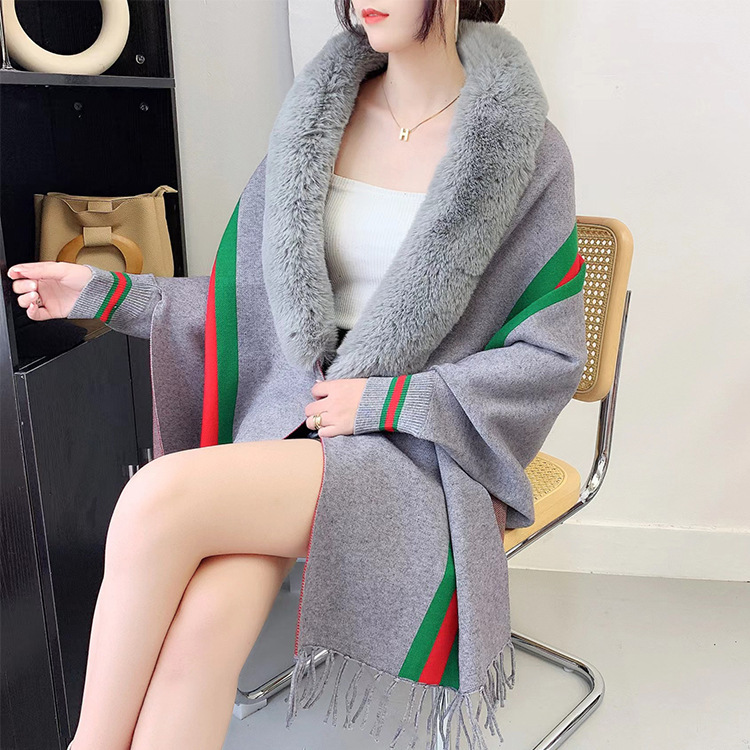 秋冬の新型毛襟のニットのショールの卸売りの女性の保温のフリンジの袖のマントのマントのマントの混紡のジャカードのショール|undefined