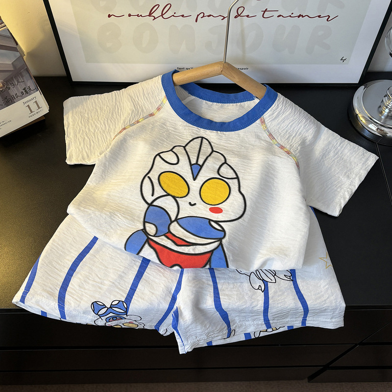 子供の夏のホーム服セット男の子カラーブロッククラウドコットンパジャマ女の赤ちゃん半袖ショーツ薄い空調服|undefined