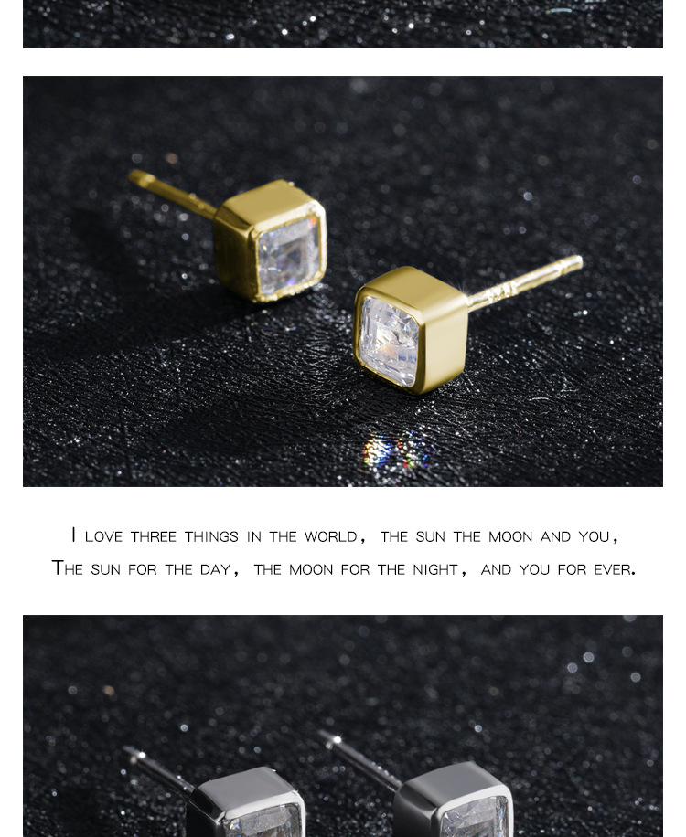 4g Weight 0.03µm Gold Plating Thickness Electroplating Gold Plating Process 925 Sterling Silver Ear Needle Material 1 Pair Silver Square Zircon Ear Studs