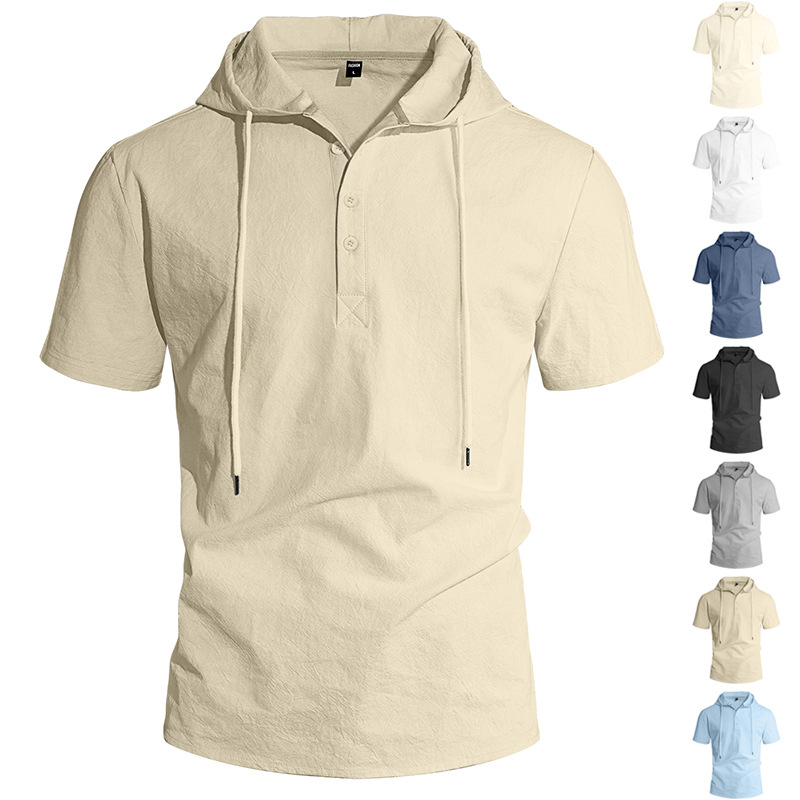 T-shirt con cappuccio in lino da uomo a maniche corte spiaggia_voghion.com