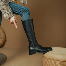 全头层牛皮高筒女靴2025冬新款长靴圆头粗跟低跟侧拉链时装骑士靴
