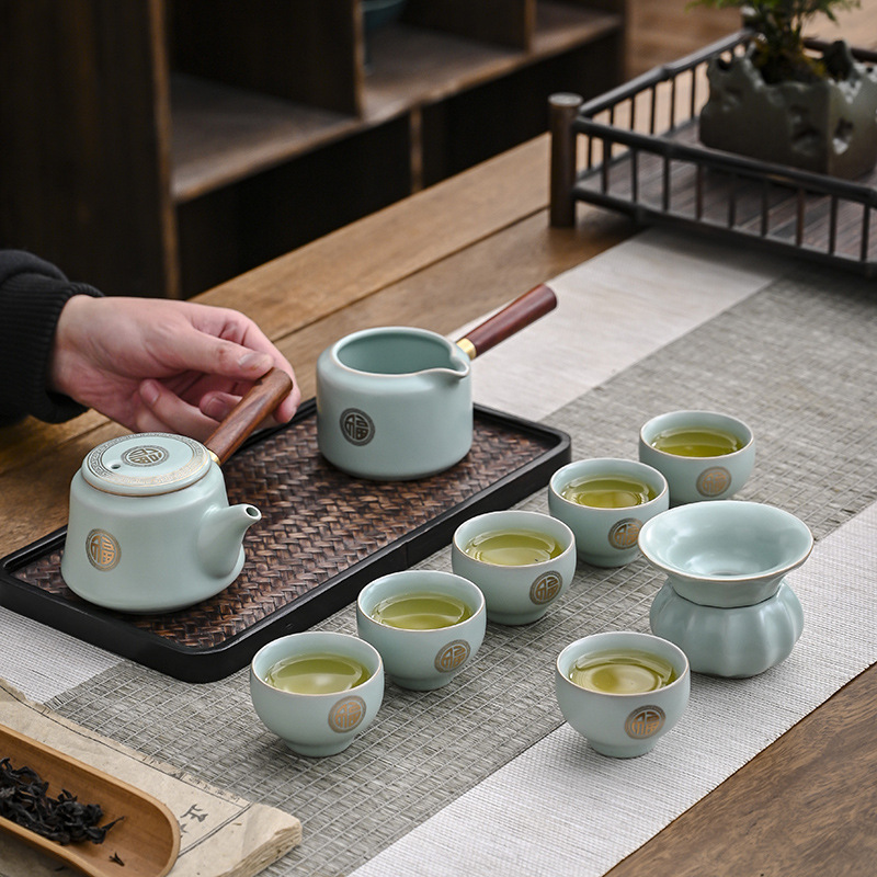 Ru kiln kung fu tea set set for home reception high-end ceramic teapot cover bowl teacup gift box office complete set