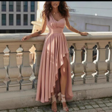 欧美跨境 新款女装气质斜肩高腰无袖长款宽松不规则晚礼连衣裙