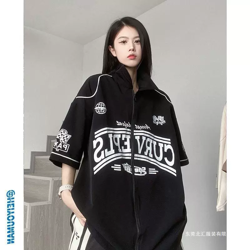 特大码300斤T恤女2025春秋新款半高领拉链美式复古棒球服短袖开衫