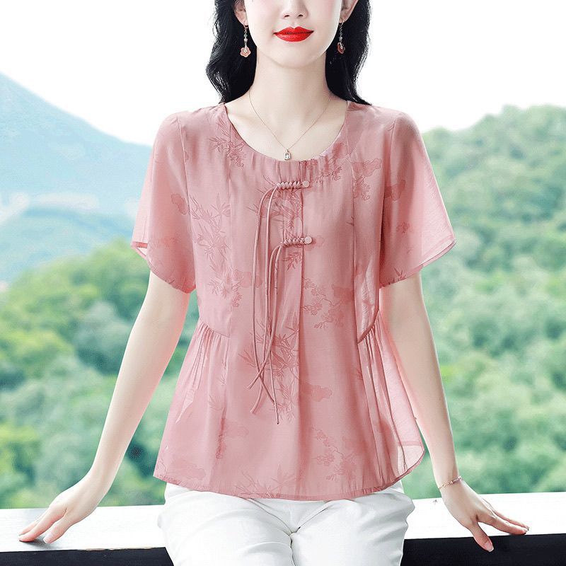 夏の新型綿麻半袖シャツの女性中国式のボタンは年齢がゆったりしています。|undefined