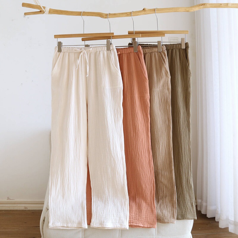 Summer Crepe Cotton Double-Layer Gauze Pajama Pants for Women, Straight-Leg Long Pants, Pure Cotton Solid Color Home Pants, Casual Bubble Gauze Summer Crepe Cotton Double-Layer Gauze Pajama Pants for Women, Straight-Leg Long Pants, Pure Cotton Solid Color Home Pants, Casual Bubble Gauze