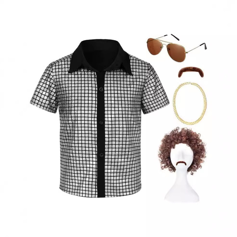 Cross-Border Amazon 70 s Disco Clothing Men's Metal Sequin Shirt Shiny Cosplay Cross-Border Amazon 70 s Disco Clothing Men's Metal Sequin Shirt Shiny Cosplay