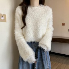跨境短款软糯温柔风仿水貂绒毛衣外套女士秋冬2025气质针织衫上衣