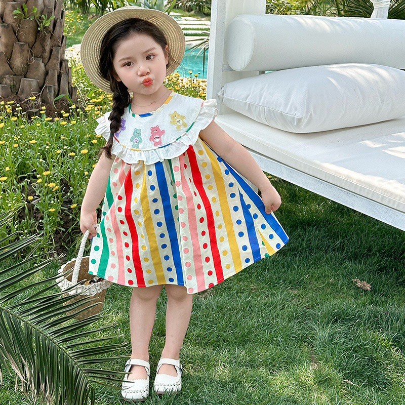 Girls' dress 2025 New Style Super Good-looking Embroidered Bear Rainbow Skirt Children's Summer Skirt