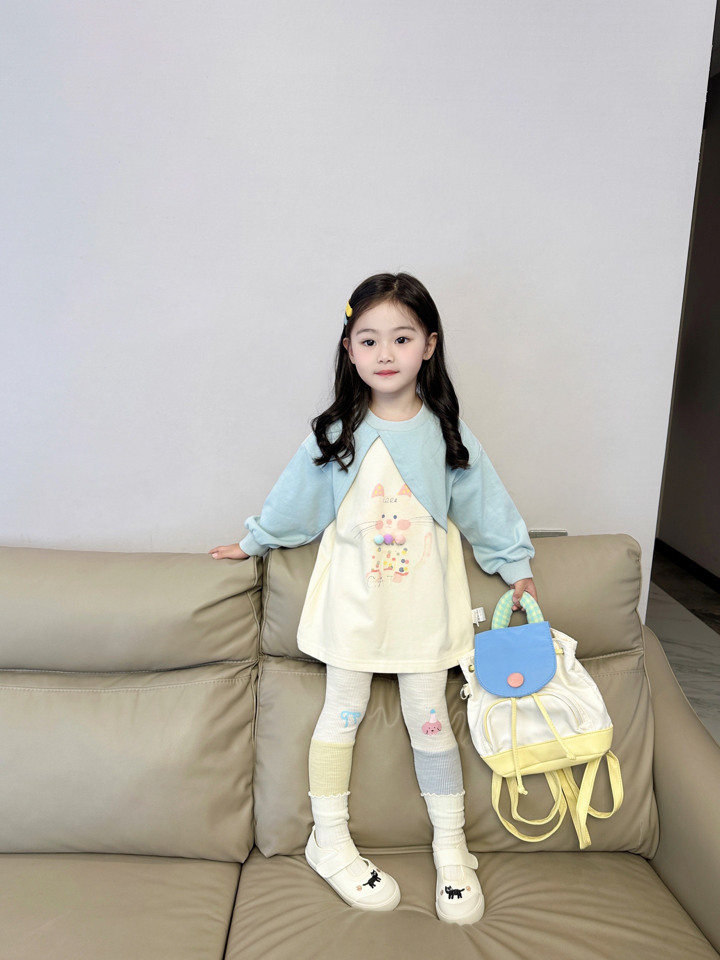 (2개) 2024 새로운 가을 어린이 라글란 소매 새끼 고양이 스웨터 귀여운 레깅스 세트