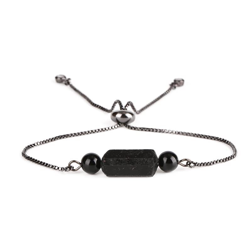 Stainless Steel Pull Chain Bracelet, Adjustable Chain, Geometric Cylindrical Bracelet, Black Crystal Stone, Black Agate Gravel Bracelet
