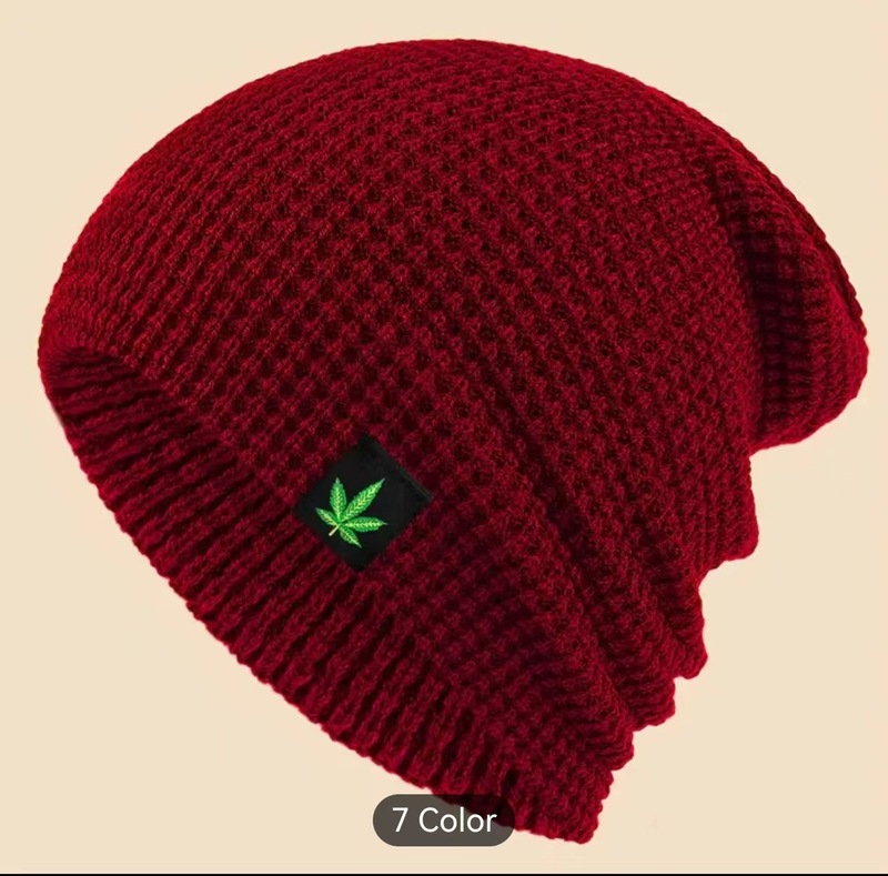 时尚绿叶标签针织帽秋冬保暖爸爸头套男女通用弹性毛线帽透气舒适|undefined