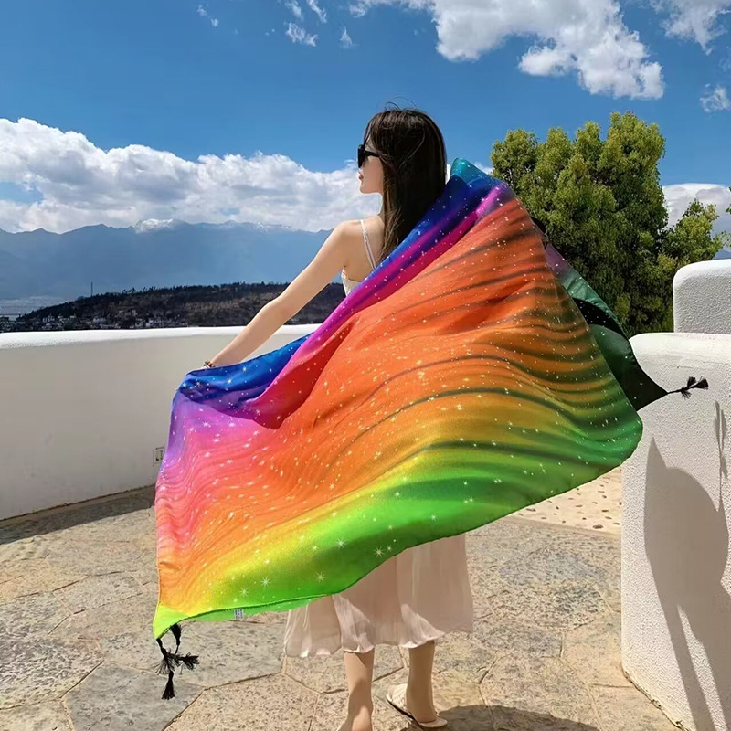 Sopa de satén de twill para mujeres 2025 bufandas de viento nacional de verano tibetanas bufandas de seda protector solar lago Qinghai turismo foto toalla de playa