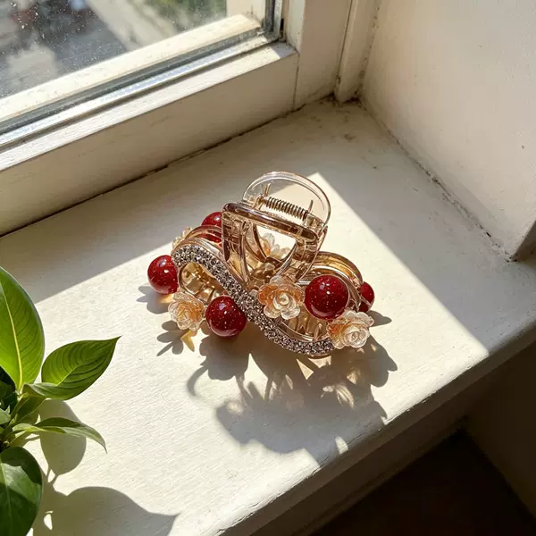 New rhinestone beads flower 6cm medium grip clip back head foreign style hair clip fashion half shark clip