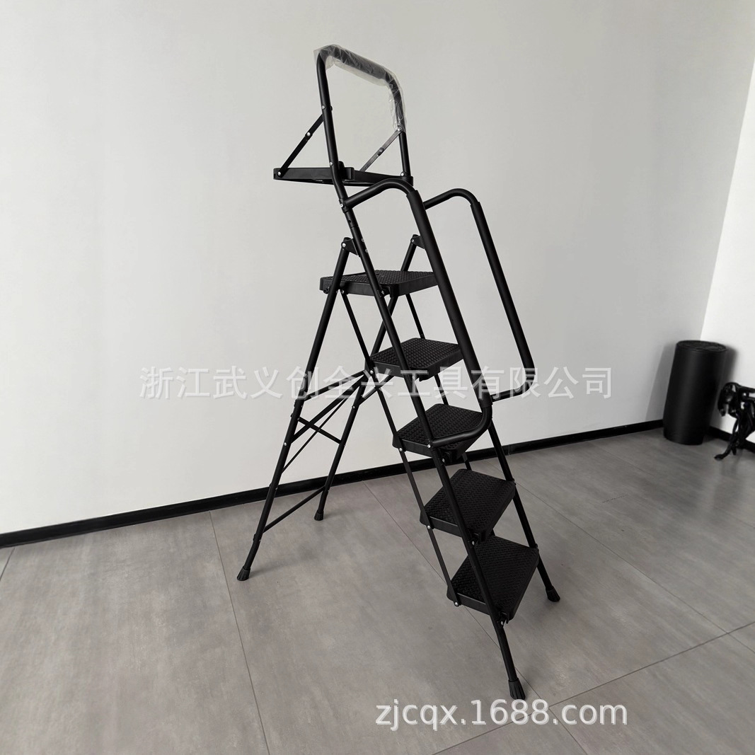 家用折叠梯子折叠梯亚马逊热销圆管塑料踏板铁梯5步梯新款磨砂黑