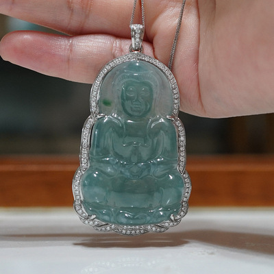 铂金PT950培育钻石翡翠观音镶嵌满钻吊坠|ms