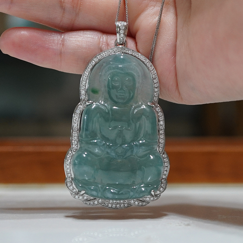 铂金PT950培育钻石翡翠观音镶嵌满钻吊坠|ms