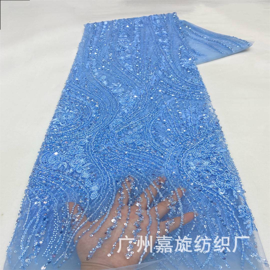 Pequeño tubo de vidrio largo denso taladro bordado tela de malla de rayas vestido de noche africano vestido de boda tela bordada de moda