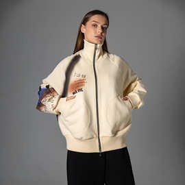 2025亚马逊秋冬新款拉链卫衣女时尚涂鸦设计宽松慵懒感复古外套女