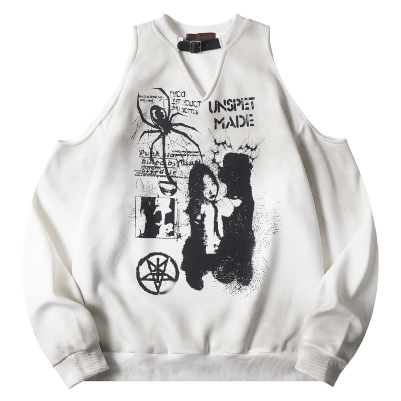 Men's Clothing American Style Hot Girl Spider Graffiti Long-Sleeved Sweatshirt Women's Distressed Loose Velvet Off-Shoulder Sweet and Cool Style Pullover