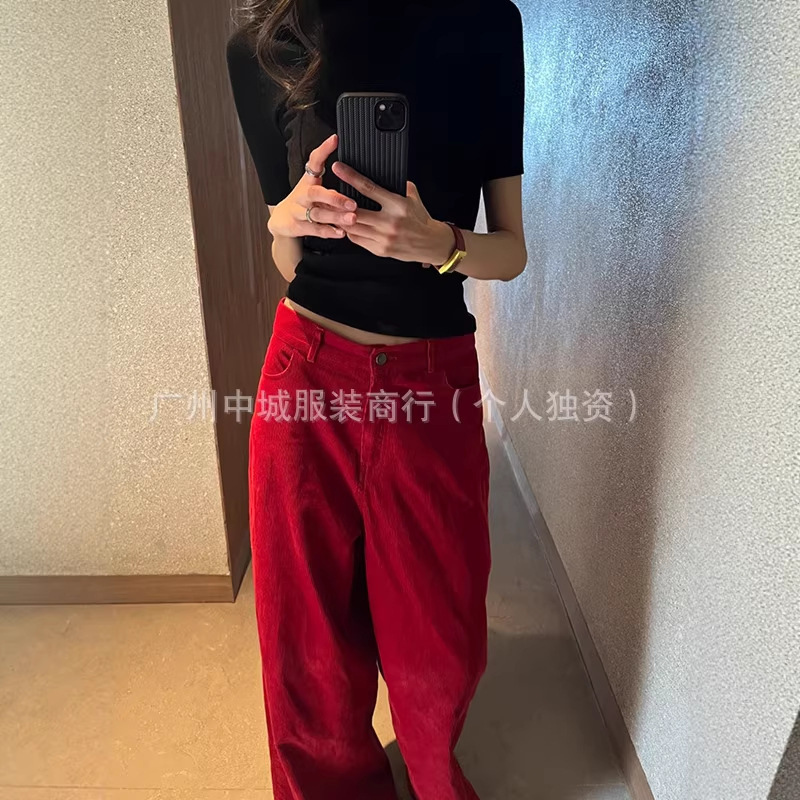 Fortune Red! Row Relaxed and Stylish Corduroy Casual Pants for Women, Simple and Trendy Straight-Leg Pants Fortune Red! Row Relaxed and Stylish Corduroy Casual Pants for Women, Simple and Trendy Straight-Leg Pants
