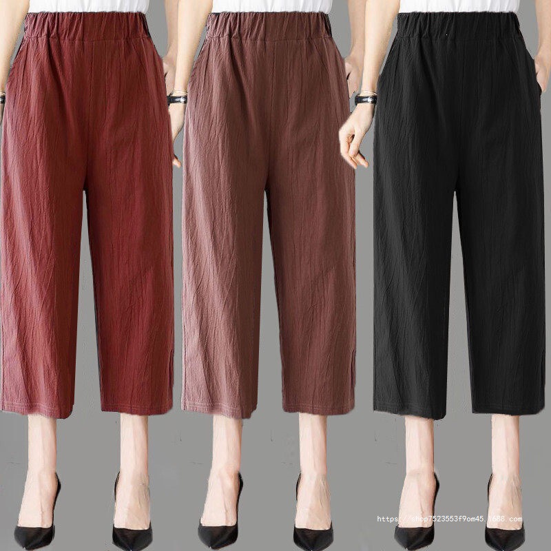 Cotton and Linen Casual Straight-Leg Pants, Loose Plus-Size Women's Pants, Versatile Mom-Style Wide-Leg Pants, Summer Thin Cropped Pants with Elastic Waist