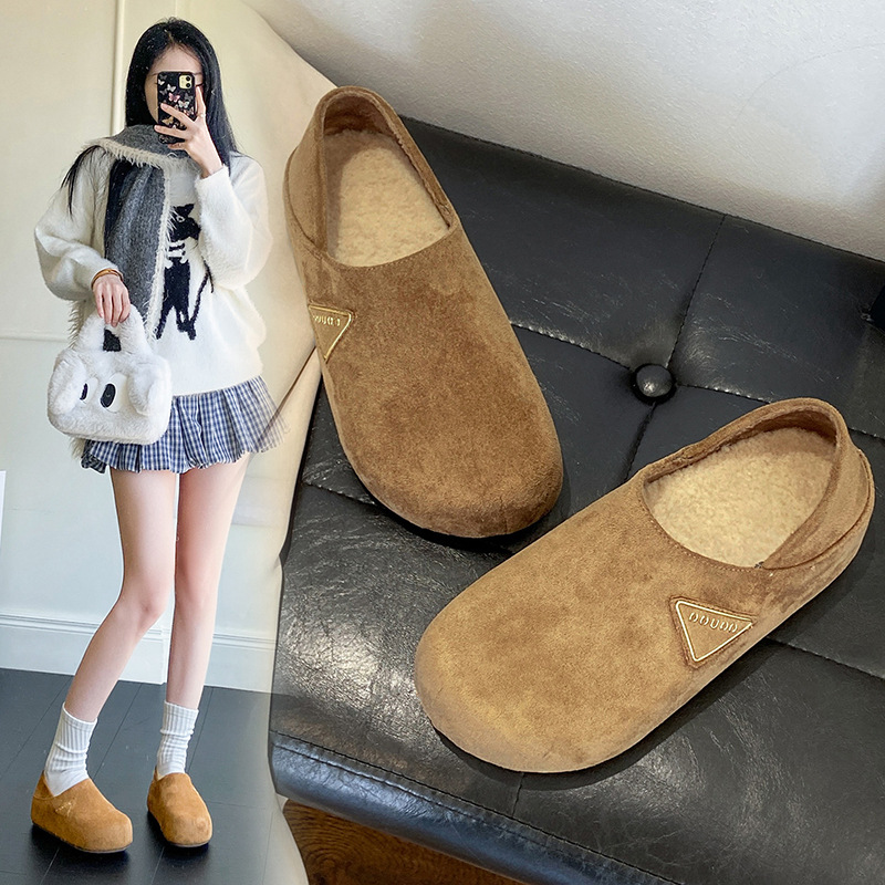 厚底内增高勃肯鞋女2025新款秋冬加绒豆豆鞋一脚蹬懒人两穿棉鞋