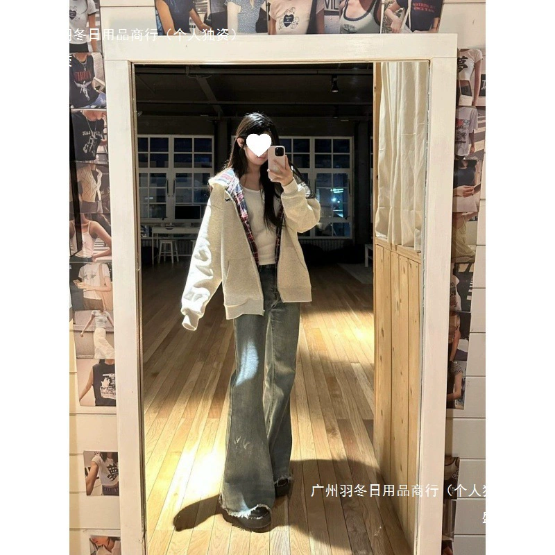 Это выглядит отлично!! ! [Клетчатая строчка] Корейский кардиган в кампусном стиле, толстовка с капюшоном, женская суперпопулярная куртка из хлопка