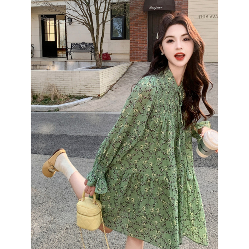 Green Floral dress Women's Spring and Autumn 2024 New Style Flesh-Covering Slimming Mori Style Fresh Style Skirt