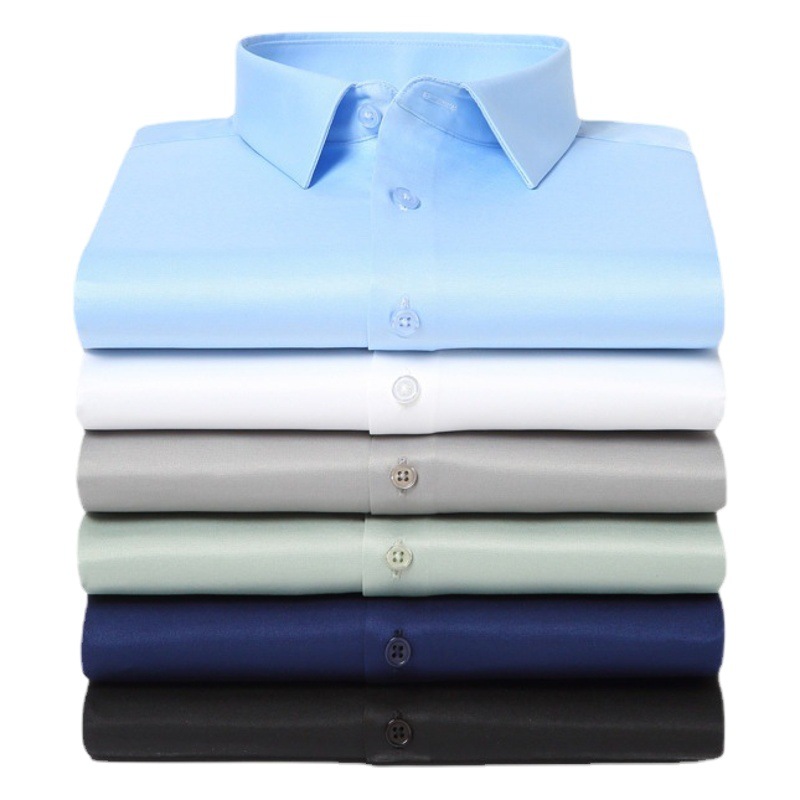 Camisa blanca de seda elástica nueva de 2025 para hombre, manga larga, sin planchado, color sólido, transpirable, informal, ajustada, camisa de negocios para hombre