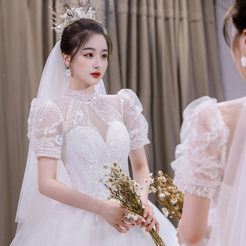 2026 New Bridal Gown with Stand Collar, Simple Court Style, Light Luxury Sequins, Vintage Slimming Tulle Dress for the Bride 2026 New Bridal Gown with Stand Collar, Simple Court Style, Light Luxury Sequins, Vintage Slimming Tulle Dress for the Bride