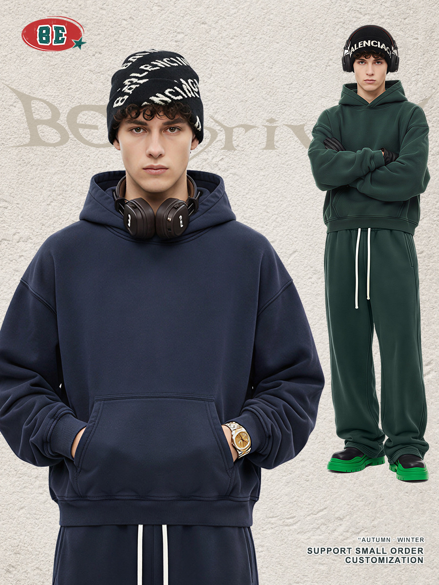 Be Men 's Wear | otoño e invierno marca de moda estadounidense boxi corto y ancho lavado con agua más sudadera con capucha de terciopelo suéter suéter recto traje de pantalones de guardia masculino