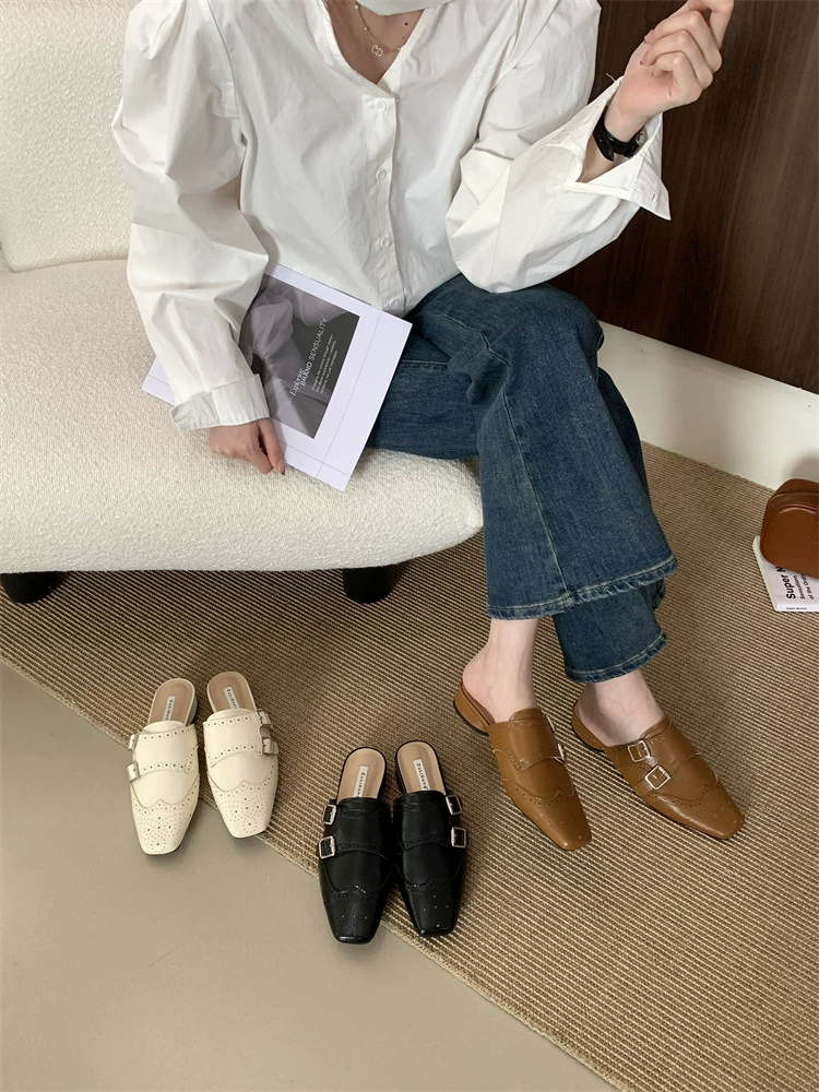 Женские мюли-сандалии с французским дизайном ниши, резным полым массивным каблуком, новинка 2025 года, универсальные для улицы.