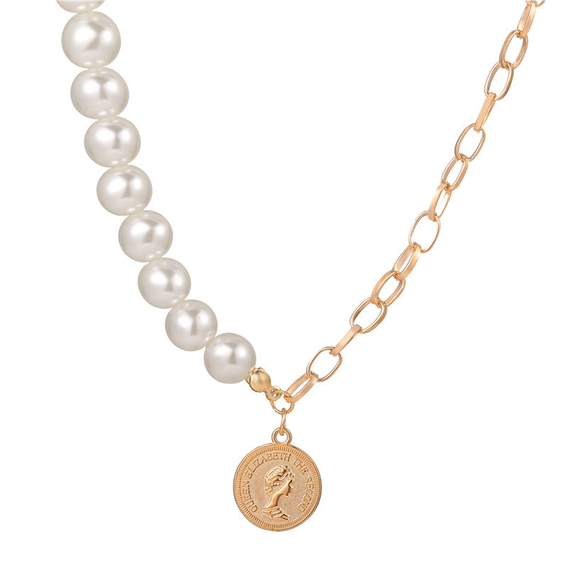 New coin head seal chain necklace disc pendant pearl necklace