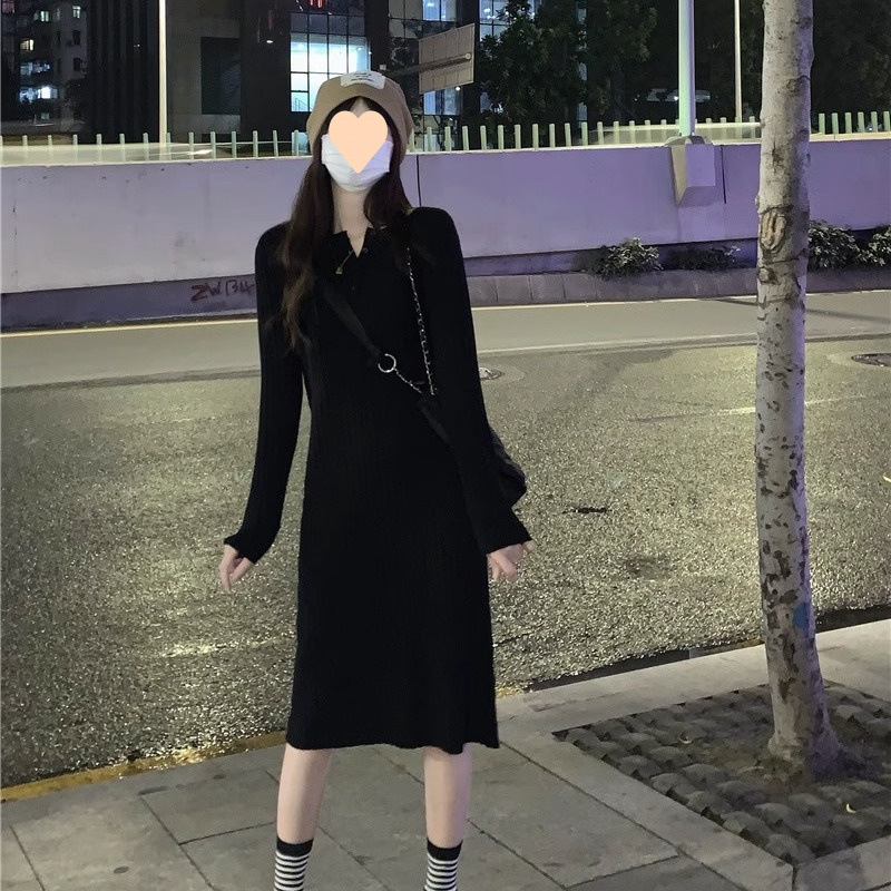 2025新款秋冬小個子中長款過膝毛衣裙內搭打底裙坑條針織連衣裙女
