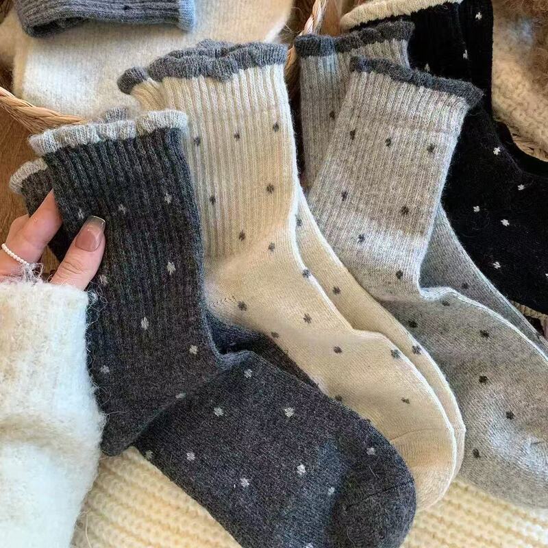 Women's Autumn and Winter Mid-Calf Socks, Polka Dot Color-Blocking Lace Warm Retro Slouch Socks, Skin-Friendly Soft Socks for Outerwear Women's Autumn and Winter Mid-Calf Socks, Polka Dot Color-Blocking Lace Warm Retro Slouch Socks, Skin-Friendly Soft Socks for Outerwear