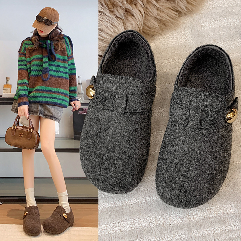 Zapatos Burken gris para mujeres nuevos zapatos de invierno de terciopelo todo incluido aumentando la altura de un pedal de frijoles de oro nuevos zapatos de lana