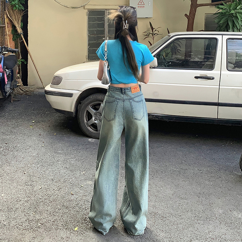 美式复古水洗 高腰直筒牛仔裤立体裁剪高街宽松休闲长裤阔|undefined