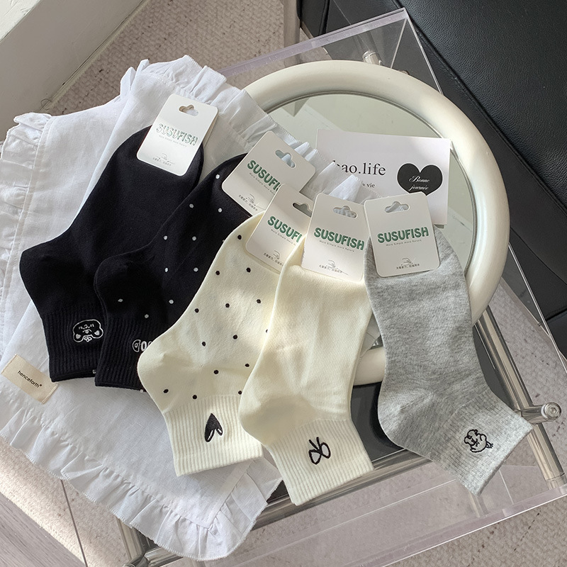 刺繡蝴蝶結襪子女短筒襪2025春夏新款卡通動物短襪ins潮波點女襪