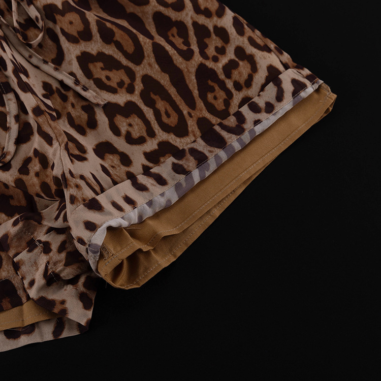 Vacation Summer Leopard Print Loose Outfit Sexy See through Long Sleeves Shirt Shorts Two Piece Set