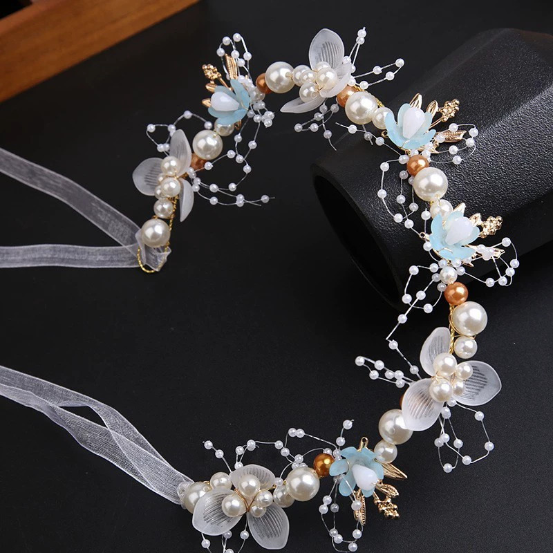 Diadema con corona de flores rosas estilo bosque, corona floral con perlas, corona nupcial, hermosa hecha a mano al estilo europeo. image 11