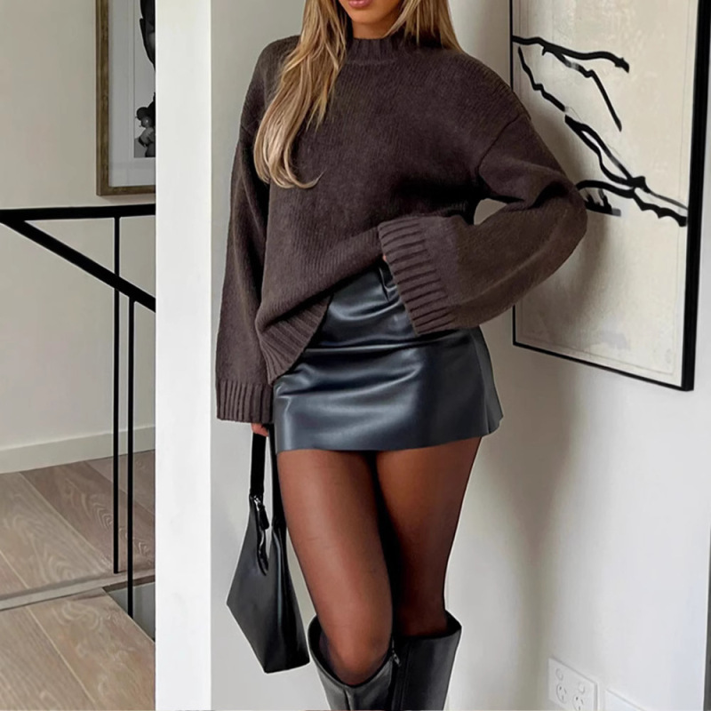 2024 Autumn and Winter New European and American Cross-border Long-sleeved Loose All-match Sweater Loose Commuting Solid Color Sweater