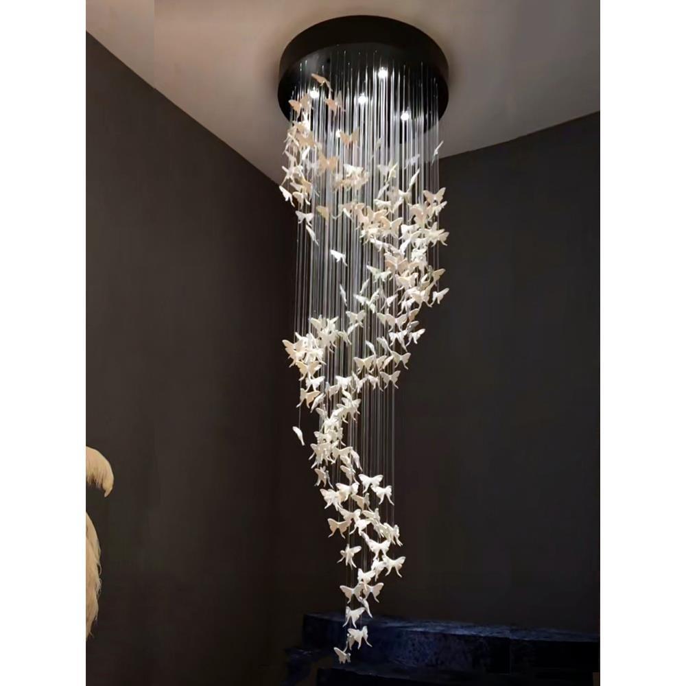 Modern Minimalist Design Creative Villa Living Room Butterfly Ceramic Fiber Optic Spiral Staircase Chandelier Sales Office Lobby Light