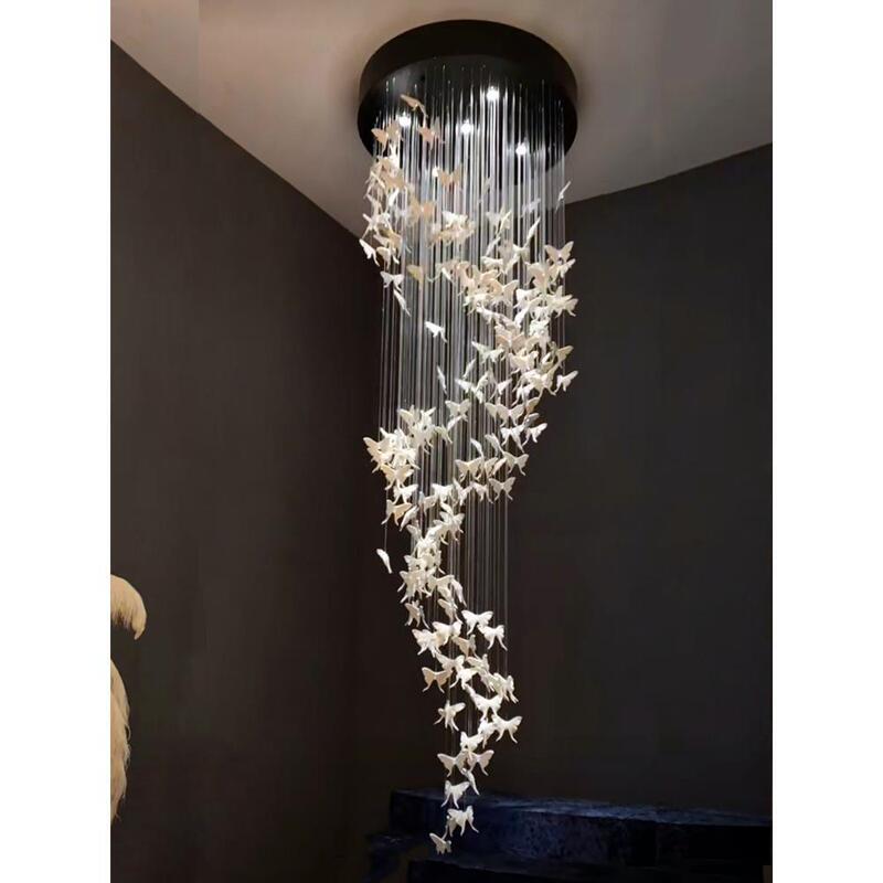 Modern Minimalist Design Creative Villa Living Room Butterfly Ceramic Fiber Optic Spiral Staircase Chandelier Sales Office Lobby Light