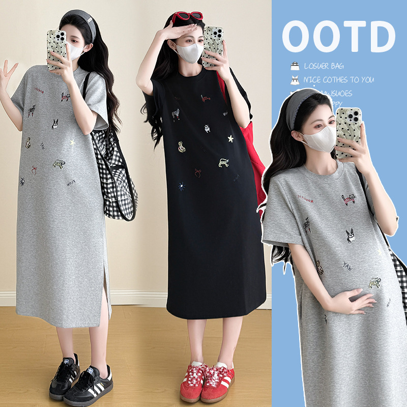 High-end Summer Dress for Pregnant Women dress Cotton 2025 New Fashion Embroidery Slim Belly Covering Long Dress Fashionable High-end Summer Dress for Pregnant Women dress Cotton 2025 New Fashion Embroidery Slim Belly Covering Long Dress Fashionable